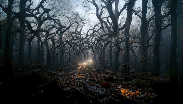 Realistic haunted forest spooky landscape at night. Fantasy Halloween forest background. Generative AI.