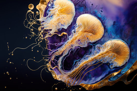 Luxurious fluid art in gold and purple paint. Divorces and waves, jellyfish shapes, mixing colors. Abstract liquid fluid art background. AI