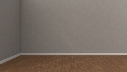 Grey Wall elevation with wood flooring, blank interior wall, V-ray lighting.