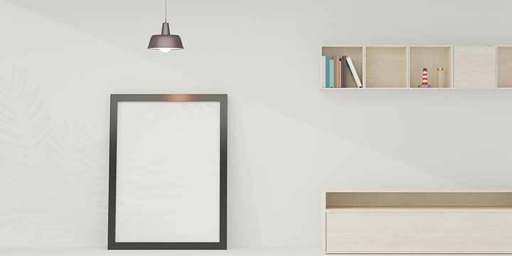 Picture frame mockups in room and shelves empty frame inside building and decorations 3D illustrations