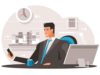 Businessman with smartphone at the desktop with display. Workspace of a businessman. Vector graphics