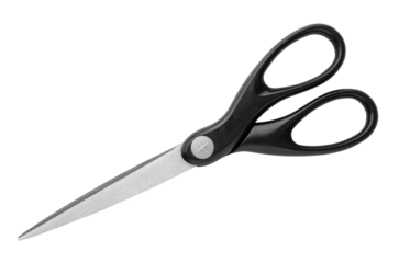 Black scissors for cutting paper on a transparent background. isolated object. Element for design