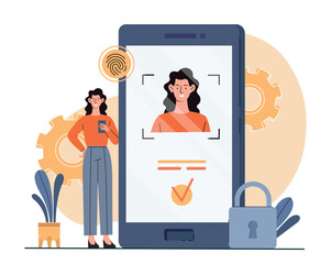 Data protection concept. Young girl standing near smartphone. Verification and verification of identity, authorization in account. Modern technologies and innovations. Cartoon flat vector illustration