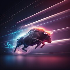 Cryptocurrency investing and stock market growth concept with digital. The 3d bull in digital universe trading concept. Hyperrealistic with light glow effect. 