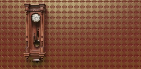 Vintage wooden clock on the wall with wallpaper. 3D illustration