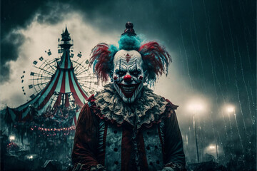 Fototapeta Horror clown and creapy funfair or circus. Concept of evil and fear. Designed using generative ai.
 obraz