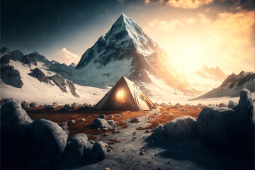 Mountain landscape with tent and sunlight. Designed using generative ai. 