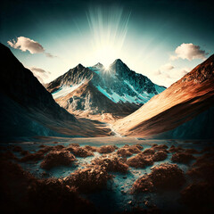 Mountain landscape with sunlight. Designed using generative ai. 