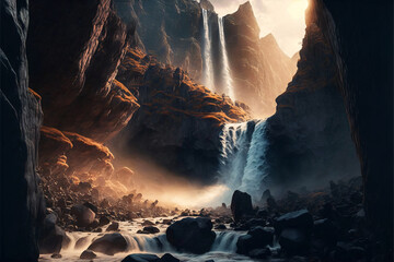 Epic waterfall in a gorge during sunrise. Designed using generative ai