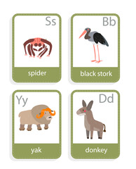 card with animals spider,  yak,  donkey, black stork, vector set