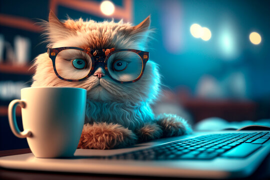 A cat in glasses with a white cup of coffee sits at a laptop. Programming concept. Generative AI