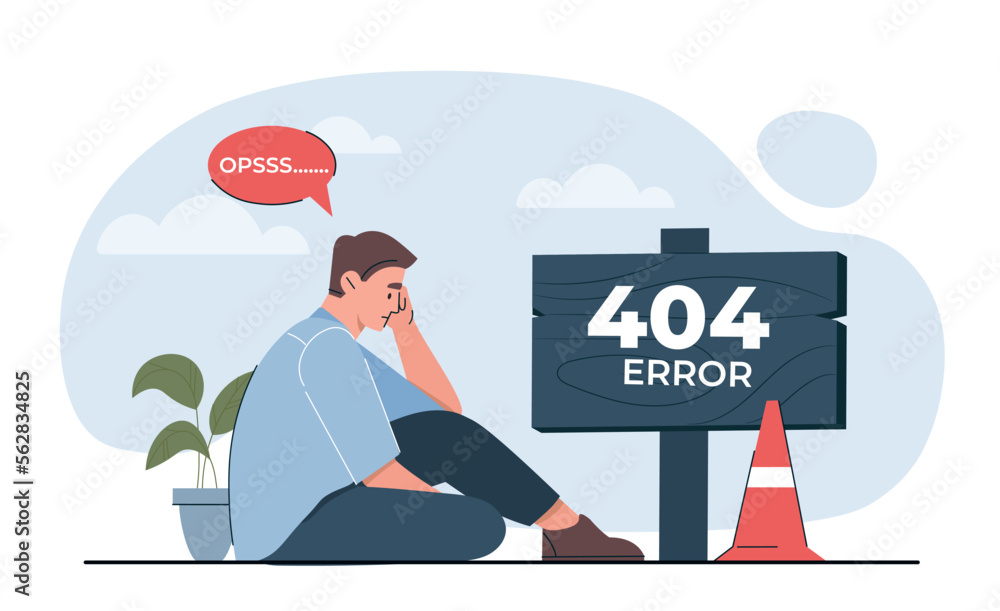 Poster tired person concept. young guy sitting next to 404 error sign. there no wenpage on internet. landin