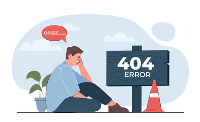 Tired person concept. Young guy sitting next to 404 error sign. There no wenpage on Internet. Landing page and graphic element for website. Problems and troubles. Cartoon flat vector illustration