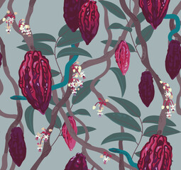 Cacao tree with cocoa beans, flowers and leaves on neutral light blue background. Hand drawn vector seamless pattern - 562835056
