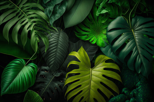 Tropical green leaves layout. Nature spring. Generative Ai.