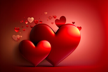 Two red hearts on a red background. Valentine's day concept. Generative AI
