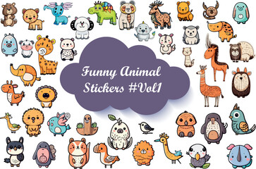 Cute cartoon animal stickers vector illustration. Vector Illustration. Zoo collection. Set of cute animals cartoon character design