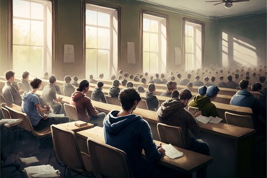 This describes a scene of people listening to a lecture in a classroom setting. 