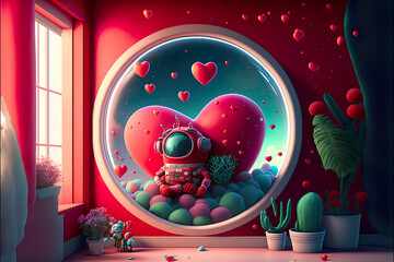Fall in love with this romantic and cozy red room. The large round window, or porthole, provides a stunning view of an astronaut surrounded by hearts. Generative AI	
