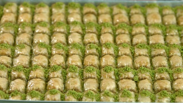 Traditional turkish baklava pistachio pastry. Dilberdudagi, ozel kesim baklava, cikolatali baklava, fistikli baklava, katmer, fistikli kadayif, kattafi, fistik sarma, soguk baklava, midye baklava, cev