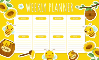 Cute Honey Bee Weekly Planner Design with Busy Insect and Natural Sweet Food Vector Template