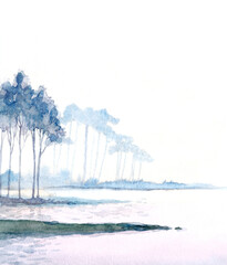 Watercolor painting. Summer river landscape