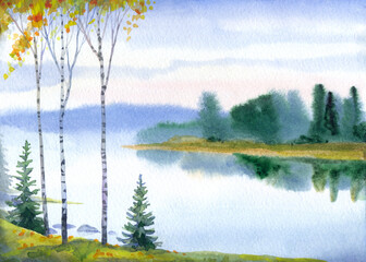 Watercolor painting. Autumn forest landscape