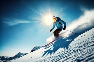 Naklejka na ściany i meble Mountain winter snow slope and snowboarder, snow avalanche. AI