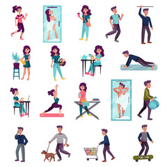 Fototapeta na wymiar Man and Woman Daily Routine and Day Order Big Vector Set