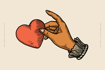Hand holding a heart in engraving style. Vintage symbol of love on a light background. Vintage vector illustration for postcard, book or tattoo design.