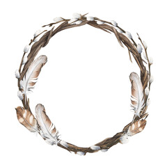 Watercolor easter illustration of a wreath with pussy-willow and feathers isolated