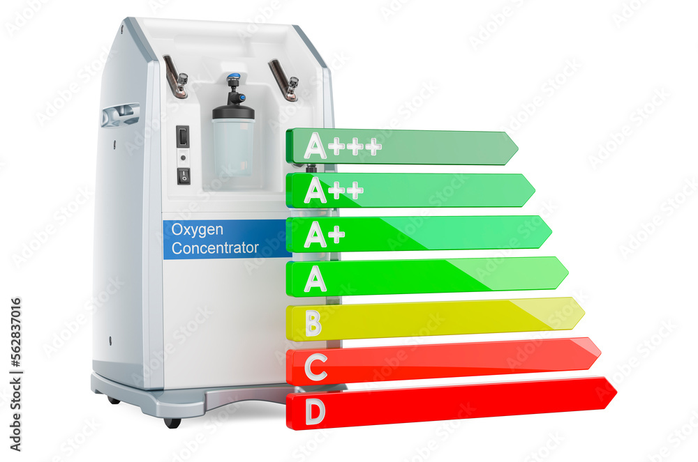 Poster oxygen concentrator with energy efficiency chart, 3d rendering