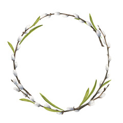 Watercolor easter illustration of a wreath with pussy-willow, leaves and feathers isolated