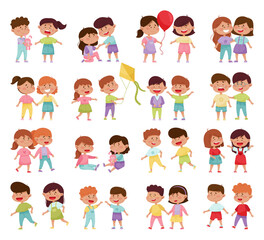 Friendly Little Kids Playing and Cheering Up Each Other Big Vector Set