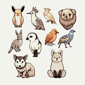 Set of stickers with baby animals. Illustration in cartoon style. Cute jungle animals set