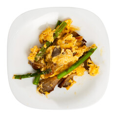 Popular breakfast of Spanish cuisine is Revuelto, which is an omelet with chicken and mushrooms with asparagus. Isolated over white background