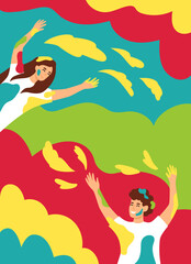 Holi Festival poster or card for the Hindu tradition holiday, party and event, drawings of happy people, smear each other with colours