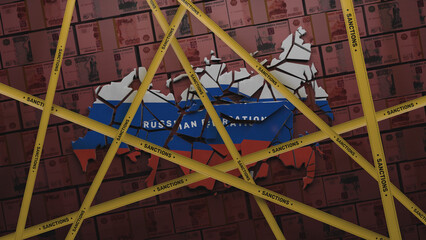 3D render of map of Russia split into different pieces covered with yellow tape. 3D render concept of finance, oil and gas world sanctions against Russian Federation. Red background with money.