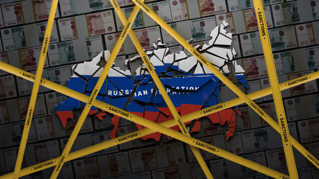 3D render of map of collapsed Russia into different parts covered with yellow tape. 3D render concept of finance sanctions against the Russian oligarchs gas and oil embargo. Money on background.