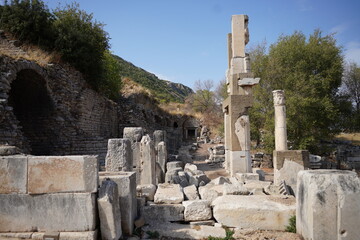 Fototapeta na wymiar Ephesus was an ancient port city whose well-preserved ruins are in modern-day Turkey. The city was once considered the most important Greek city and the most important trading center in the Mediterran