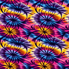 Colorful tie dye style seamless pattern. Hippie batik ornament background. Generative AI.