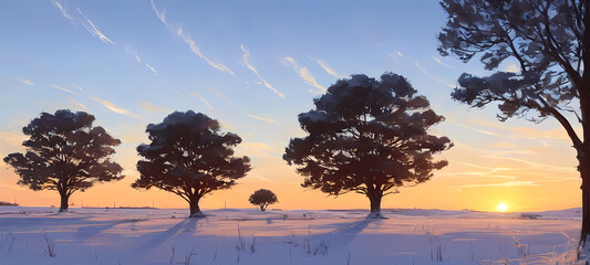 Winter sunrise with beautiful trees waiting for spring to come