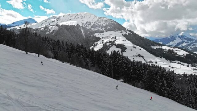 Aerial Pan Drone Shot Of Ski Slopes In Kirchberg In Tirol, Austria