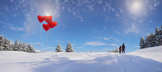 Red Heart Shaped balloons in the snowy mountain with a couple in the background