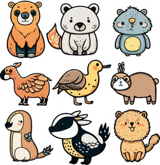 Cute cartoon animal stickers vector illustration. Vector Illustration. Zoo collection. Set of cute animals cartoon character design