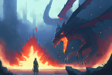 Fototapeta na wymiar fantasy scene showing the young boy running away from the fire dragon, digital art style, illustration painting