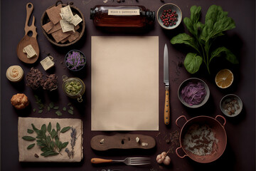A Table Top Still Life of Strange Ingredients and Styled Food on an Old Kitchen Backdrop