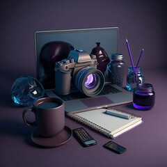 Minimalist Designer Workspace with Laptop, DSLR Camera, Purple and Blue Glow Lighting