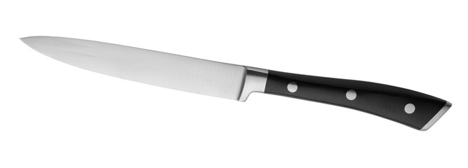 A new knife with a black handle on a transparent background. Cutlery. isolated object. Element for design