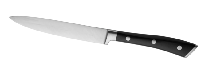 A new knife with a black handle on a transparent background. Cutlery. isolated object. Element for design